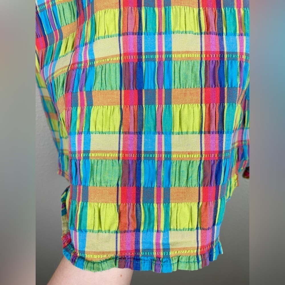 VTG Junior's Medium Roughrider by Circle K Rainbow Plaid Collared Shirt Smocked - Picture 16 of 16